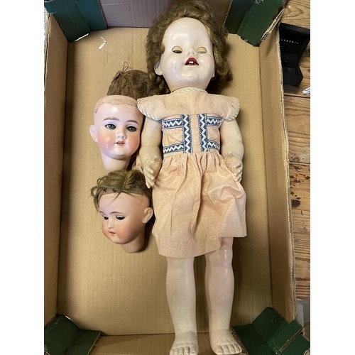 388 - A mid 20th century doll, 53 cm, and two bisque dolls heads (box)