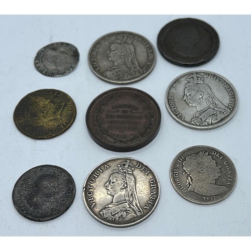 632 - Two Queen Victoria crowns, 1889 and 1890, a double florin, 1890, other assorted coins and a small gr... 