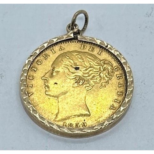 A Victorian shield back sovereign, 1859, in an yellow metal mount ...