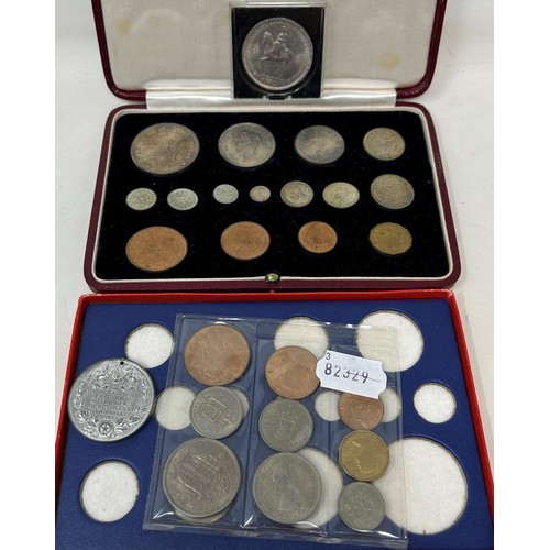 645 - A George VI Specimen coin set, 1937, in a leather case, a spare box, and a small group of other coin... 