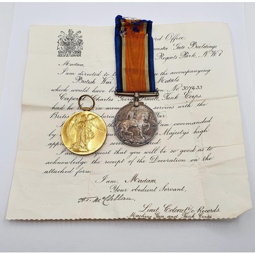 409 - A British War medal and Victory medal pair, awarded to 307433 Cpl Charles George Drewett 16th Battal... 