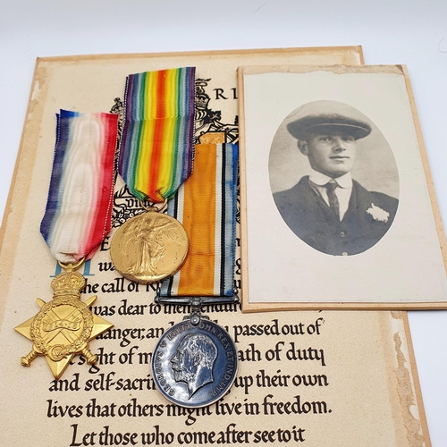 416 - A 1914-15 Star trio, awarded to 10876 Pte A Wells Wiltshire Regiment, with a memorial scroll (card b... 