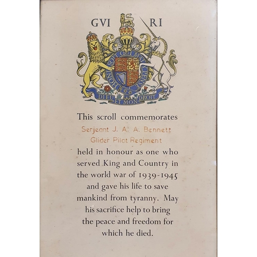 420 - A WWII memorial scroll, to Serjeant J A A Bennett, Glider Pilot Regiment, KIA 9/7/1943, commemorated... 