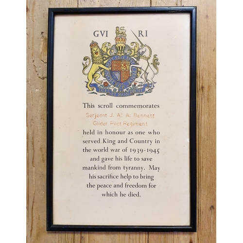 420 - A WWII memorial scroll, to Serjeant J A A Bennett, Glider Pilot Regiment, KIA 9/7/1943, commemorated... 