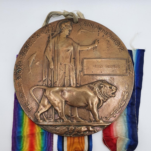 422 - A 1914-15 Star trio, awarded to 2517 Pte F Fisher Cambridge Regiment, with his WWI bronze death plaq... 