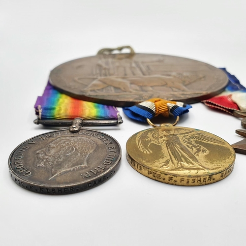 422 - A 1914-15 Star trio, awarded to 2517 Pte F Fisher Cambridge Regiment, with his WWI bronze death plaq... 