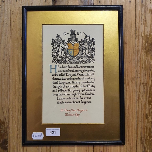 431 - A WWI memorial scroll, Pte Henry John Deagon, Wiltshire Regiment  Provenance: From a collection of m... 