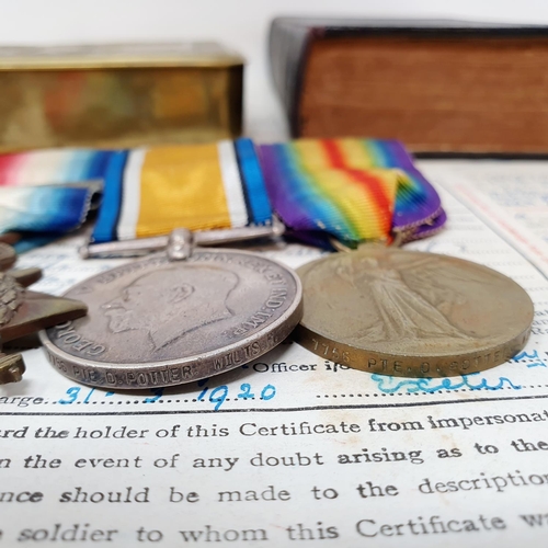 445 - A 1914 Star Trio, awarded to 7756 Pte D Potter 2nd Wiltshire Regiment, his bible, a Princess Mary ti... 