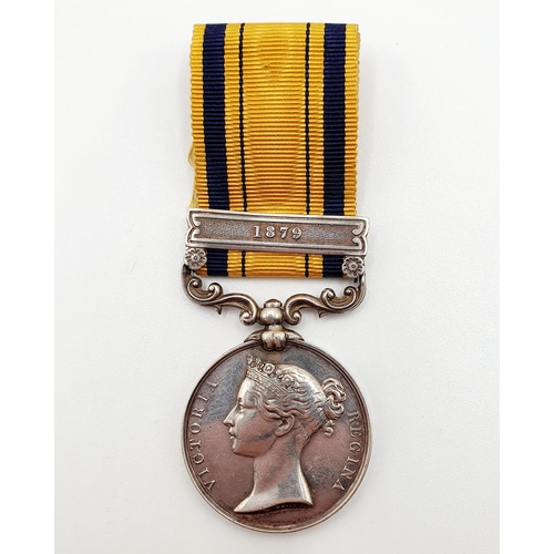 448 - A South Africa medal, awarded to 1249 Pte M McCauley, 99th Foot, with 1879 clasp  
Provenance: From ... 