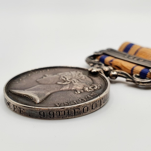 449 - A South Africa medal, awarded to 1189 Pte J Stiff 99th Foot, with 1879 clasp 
Provenance: From a col... 