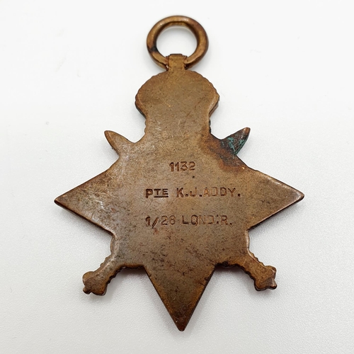 453 - A 1914 Star trio, awarded to 2 Lieut K J B Addy, 1st Batallion Kings Rifle Corp, KIA 3/10/15  
Prove... 