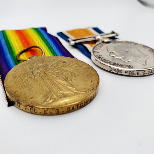 459 - A British War medal and Victory medal pair, awarded to 32406 Pte E G Catchpole Wiltshire Regiment, K... 