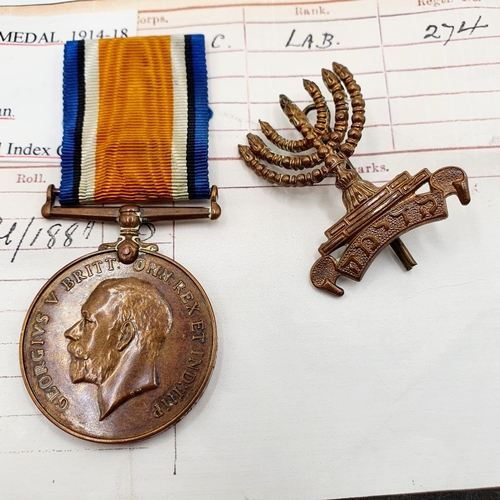 466 - A rare British Bronze War medal, named to 274 Labr A Kaplan Jewish LC, and a Jewish Labour Corps bad... 