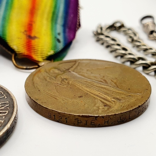 468 - A 1914 Star trio, awarded to 9121 Pte H J Pollard 3/Hussars, and a watch chain  Provenance: From a c... 