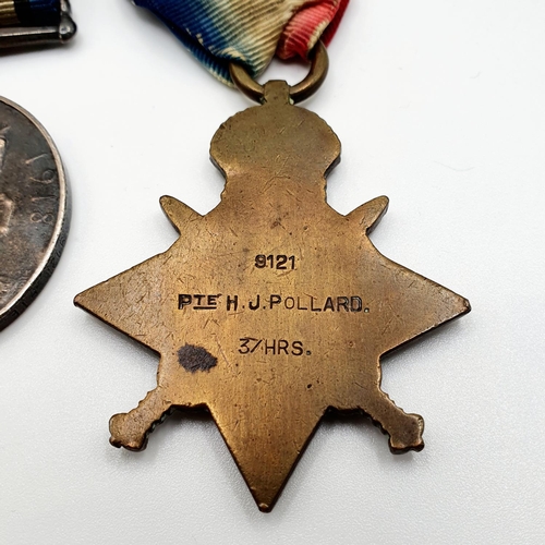 468 - A 1914 Star trio, awarded to 9121 Pte H J Pollard 3/Hussars, and a watch chain  Provenance: From a c... 