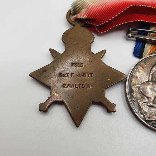 481 - A 1914 Star trio, awarded to 7388 Sgt F J Witt 2nd Wiltshire Regiment  Provenance: From a collection... 