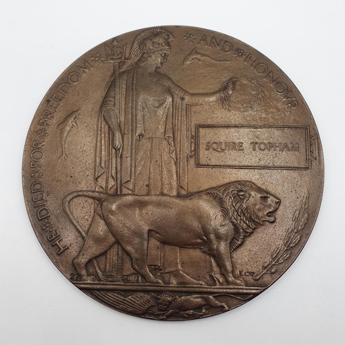 482 - A WWI bronze death plaque, Squire Topham