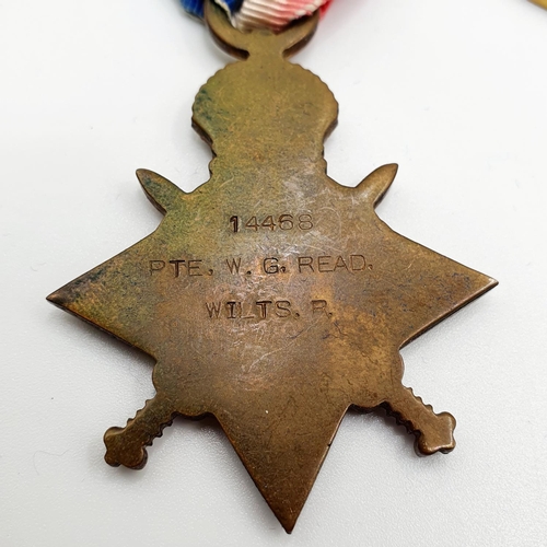 483 - A 1914-15 Star trio, awarded to 14468 Pte R Read Wiltshire Regiment, Mentioned In Dispatches Ambulan... 