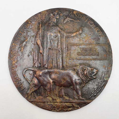 492 - A WWI bronze death plaque, Walter Gallienne, 7th Battalion Royal Irish Fusiliers, KIA 9/9/16, from G... 