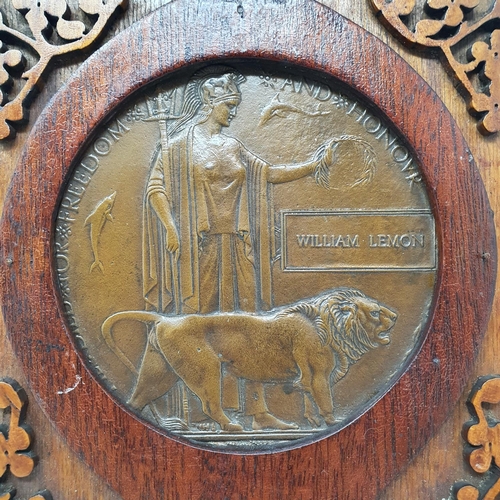 503 - A WWI bronze death plaque, William Lemon, Gordon Highlanders, KIA 18/11/16, set in a wooden frame, 3... 