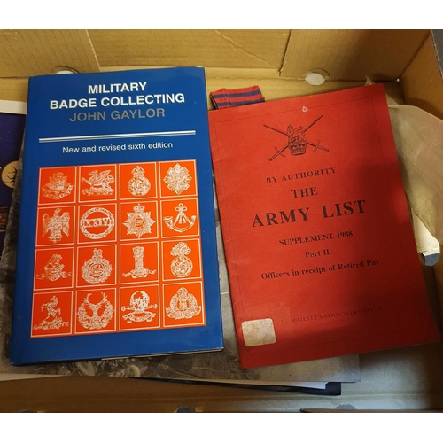 526 - Assorted military and other badges, sweetheart badges, books and related items (box)