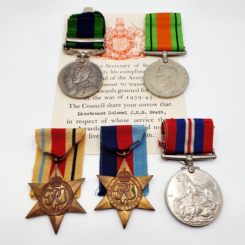 543 - A group of five medals, awarded to Lt Col J H B Evatt RA, comprising an India General Service medal ... 