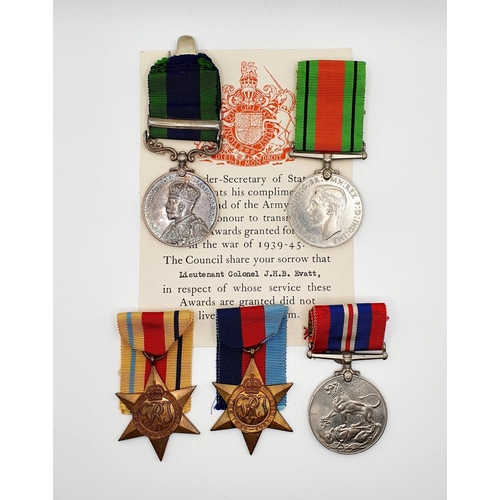 543 - A group of five medals, awarded to Lt Col J H B Evatt RA, comprising an India General Service medal ... 