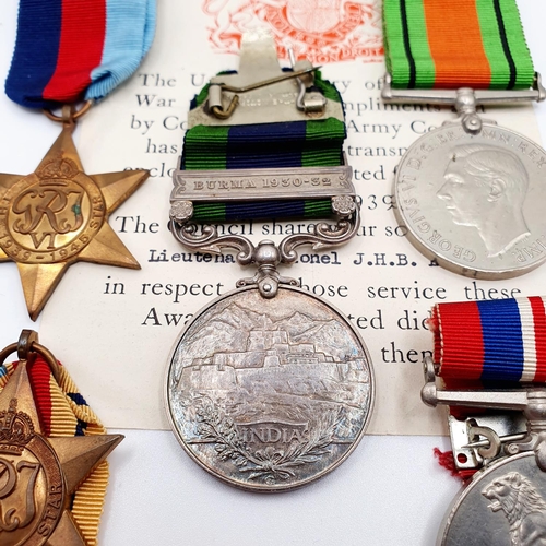 543 - A group of five medals, awarded to Lt Col J H B Evatt RA, comprising an India General Service medal ... 