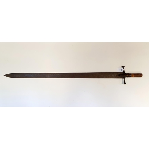 568 - A Persian sword, the 89 cm blade with script, and with a leather bound handle, general surface rust,... 