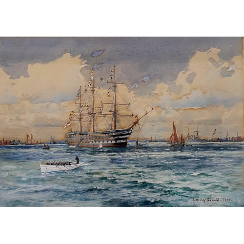 589 - Frederick R Fitzgerald (British 1869-1944), HMS Victory in Portsmouth Harbour, watercolour, signed a... 