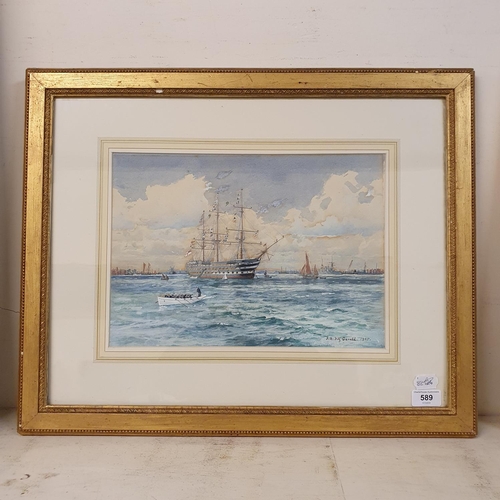 589 - Frederick R Fitzgerald (British 1869-1944), HMS Victory in Portsmouth Harbour, watercolour, signed a... 