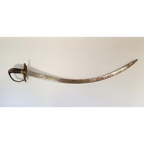 519 - A Moorish sabre, the curved blade with gilt metal inlaid section, and having a brass guard and hilt,... 