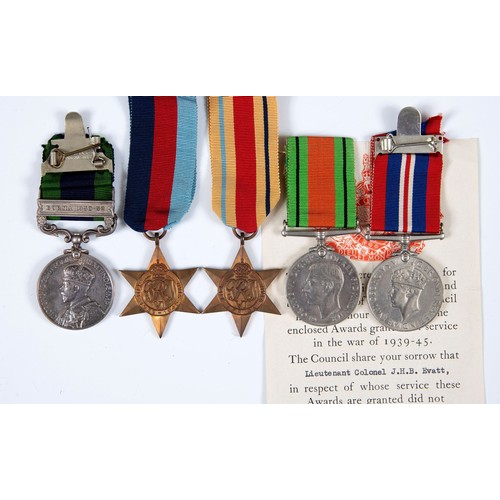 543 - A group of five medals, awarded to Lt Col J H B Evatt RA, comprising an India General Service medal ... 