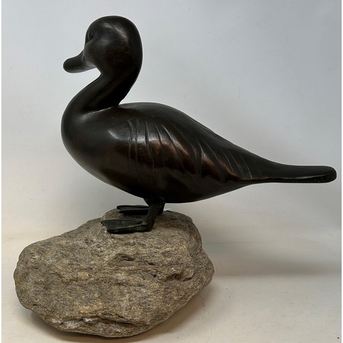 1023 - A bronze duck, on a hardstone plinth, 34 cm high