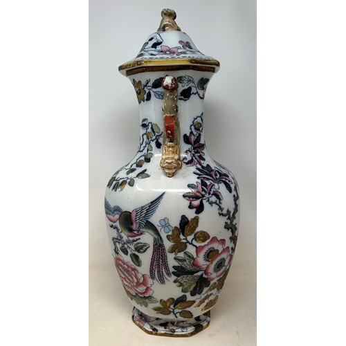 1026 - A Mason's Ironstone vase and cover, decorated flowers, 50 cm high