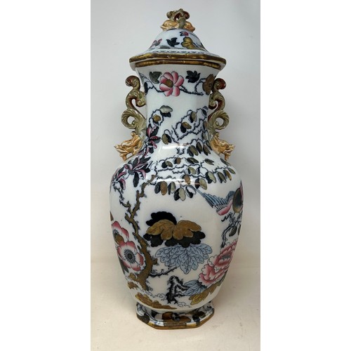 1026 - A Mason's Ironstone vase and cover, decorated flowers, 50 cm high