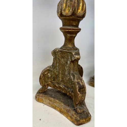 1039 - A pair of 18th century style carved giltwood candlesticks, 33.5 cm high (over fitments) (2)