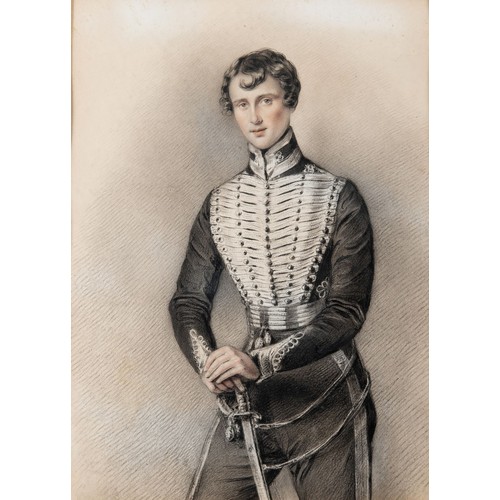 590 - English school, late 19th century, a three quarter length portrait of a young officer, watercolour a... 