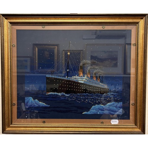 1218 - J W Longfield, The Queen Mary, gouache, signed and dated 1934, 40 x 54 cm, a needlework picture of t... 