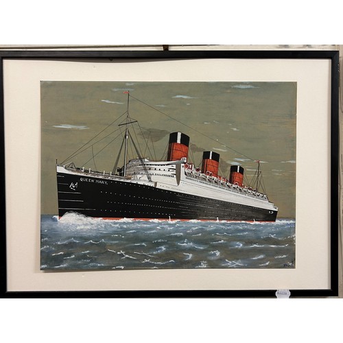 1218 - J W Longfield, The Queen Mary, gouache, signed and dated 1934, 40 x 54 cm, a needlework picture of t... 