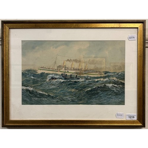 1218 - J W Longfield, The Queen Mary, gouache, signed and dated 1934, 40 x 54 cm, a needlework picture of t... 