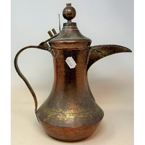 1074 - A Turkish Dallah copper coffee pot, 33 cm high, and a similar jardinière, 36 cm diameter (2)