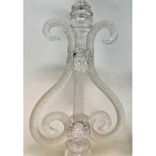 1076 - A pair of Venetian style clear glass trumpet shaped vases, on lyre rope supports, 33 cm high