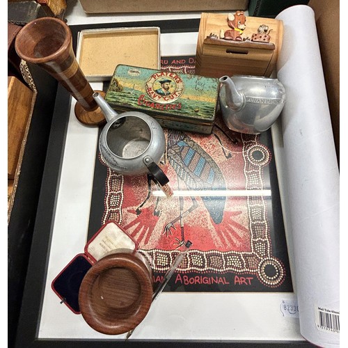 1065 - ***WITHDRAWN*** Three pairs of field glasses, assorted boxes, Aboriginal art, and other items (qty)