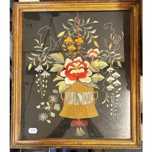 1001 - A carved giltwood frame, 53 x 35 cm, a silk needlework panel, and a Continental gilt floral display,... 