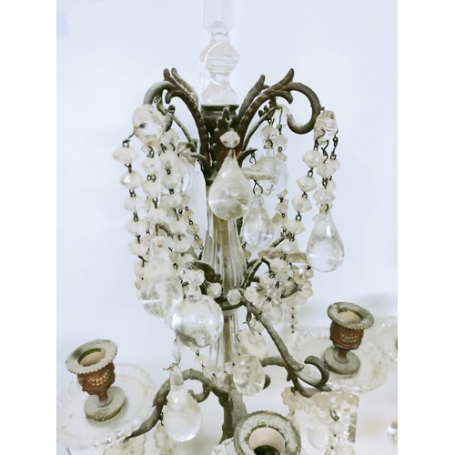 1030 - A pair of glass and metal three light candelabra, some loss, 60 cm high and another similar pair, 33... 