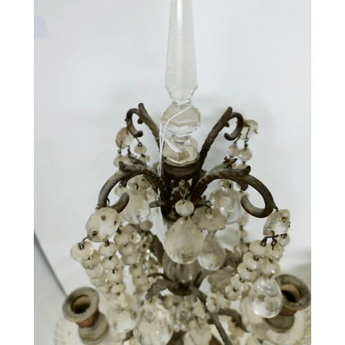 1030 - A pair of glass and metal three light candelabra, some loss, 60 cm high and another similar pair, 33... 