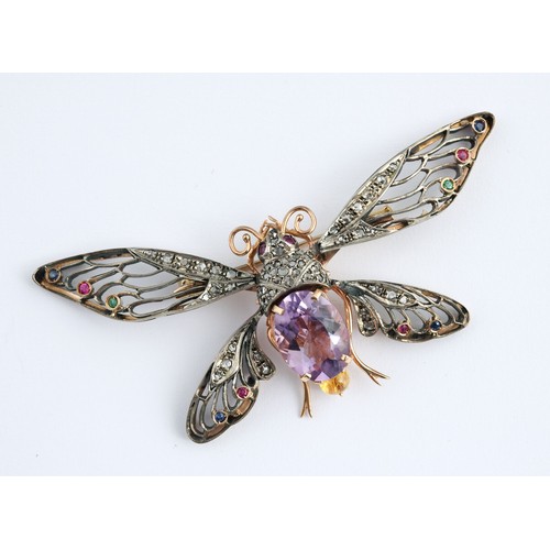 158 - An Italian gem set butterfly brooch, centre set with pink/purple stone