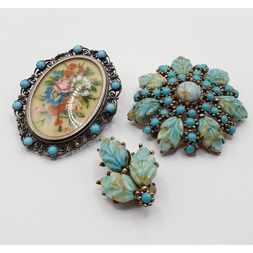 843 - A pair of micro-mosaic earrings, decorated flowers, a micro-mosaic brooch, in a gold plated mount, a... 