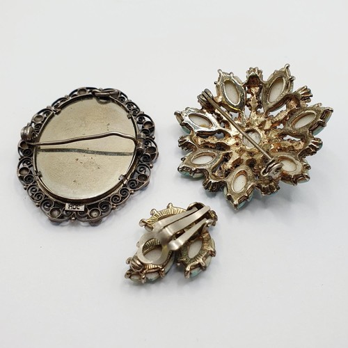 843 - A pair of micro-mosaic earrings, decorated flowers, a micro-mosaic brooch, in a gold plated mount, a... 